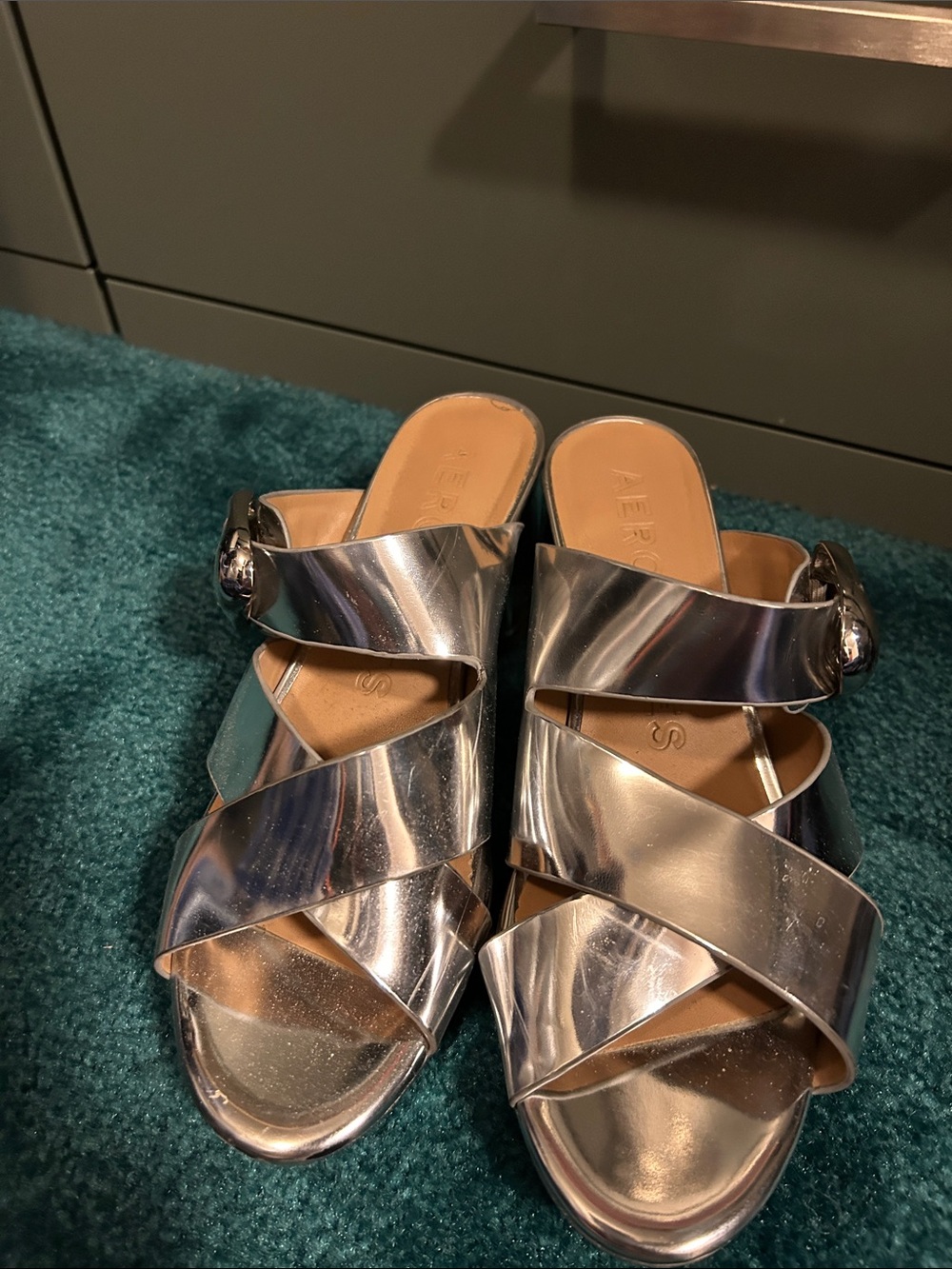 AEROSOLES Metallic Silver Crisscross Slide Mules